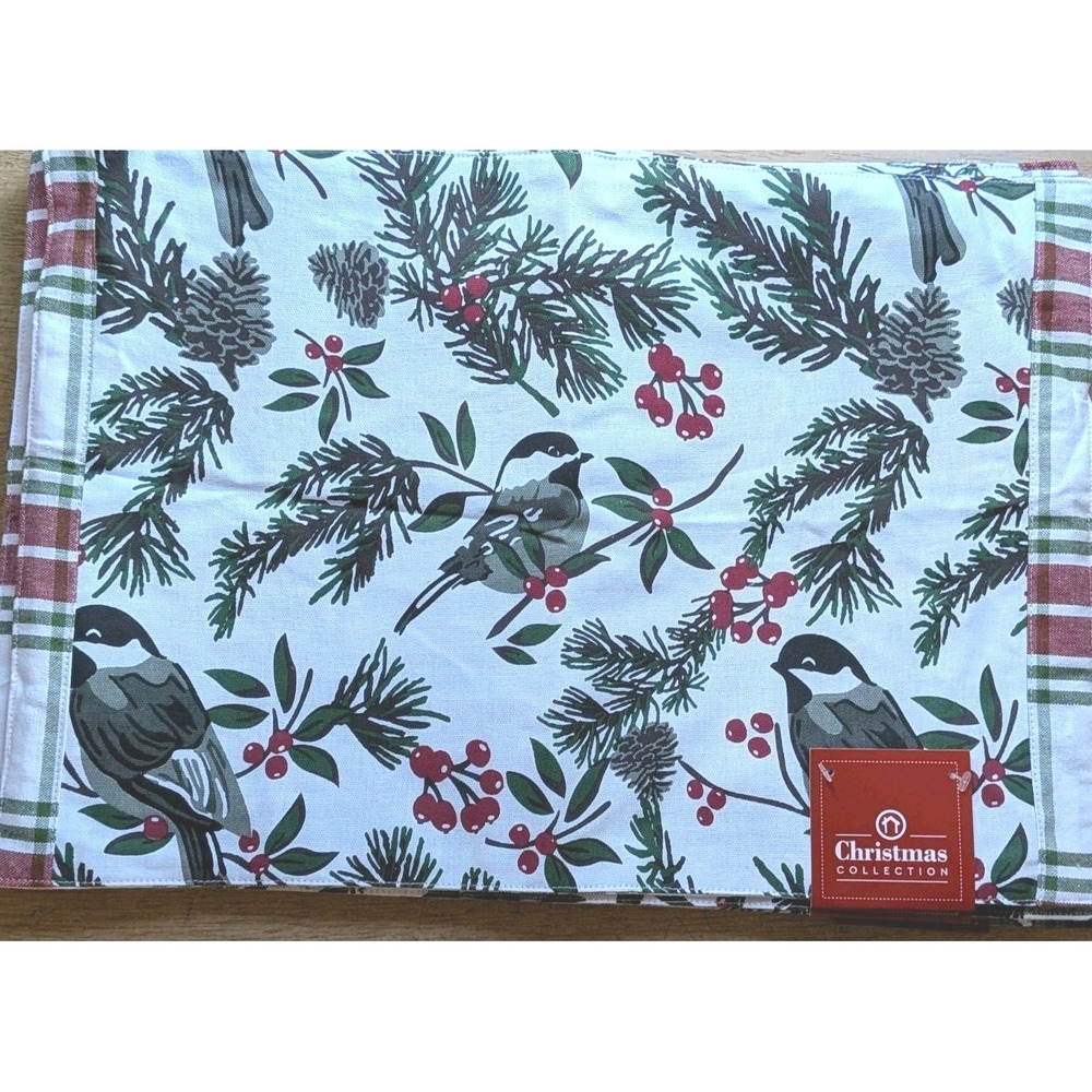 Christmas Collection Reversible Cotton Placemat Winter Birds Pine Plaid 13x19